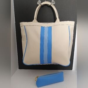 Estee Lauder Blue/White Leather Tote with Mini Bag